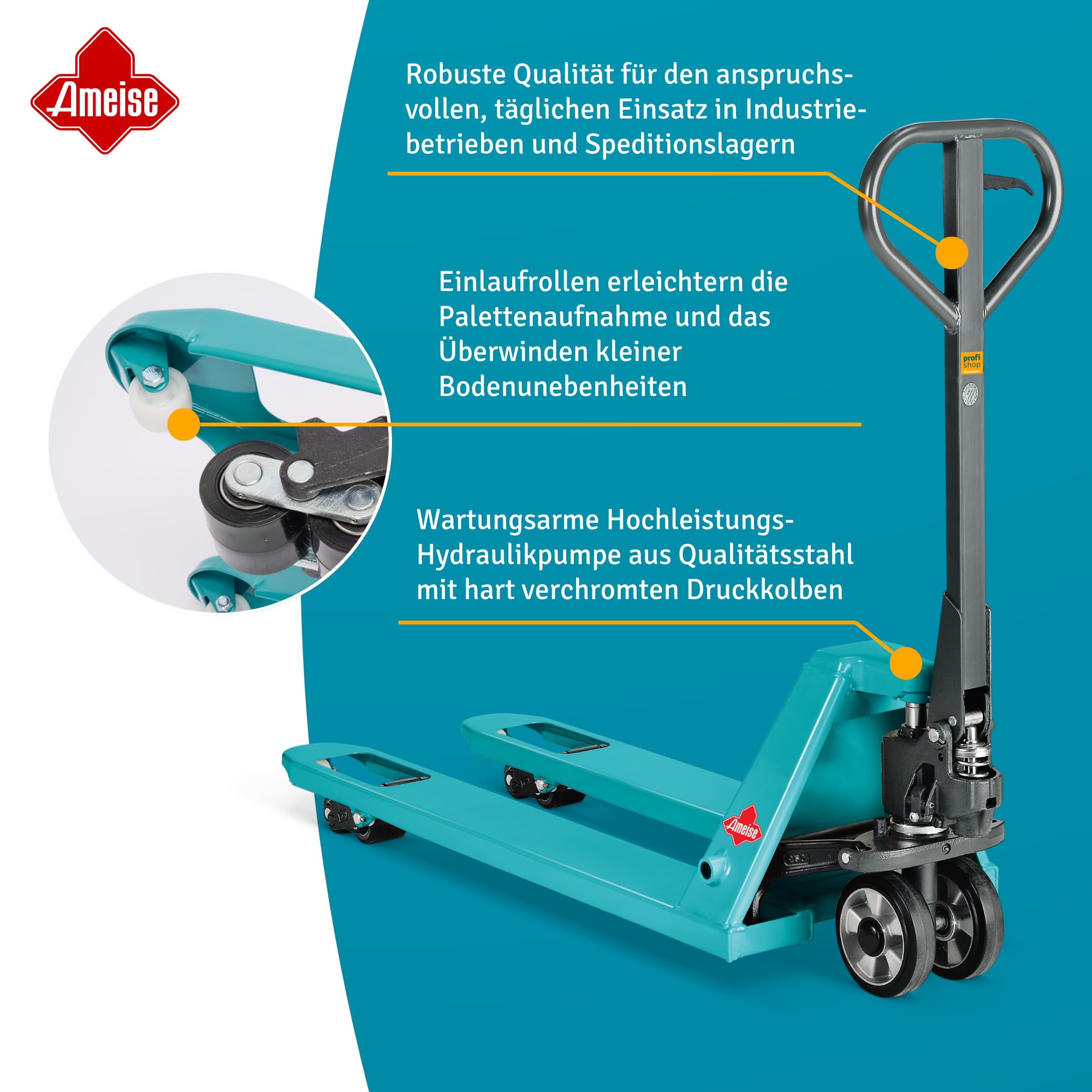 Ameise Hubwagen PTM mit Schnellhub bis 120 kg | 2.500 kg Tragkraft | 1.150 mm Gabellänge | Lenkrad aus laufruhigem Vollgummi | Tandem-Gabelrollen aus robustem Polyurethan | Palettenhubwagen