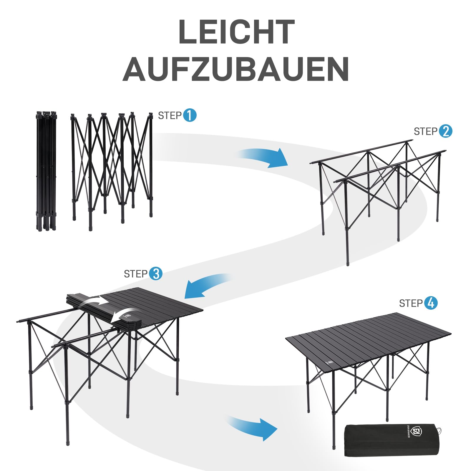 EVER ADVANCED Campingtisch Klappbar 116X70CM für 4-6 Personen Klapptisch 80KG Belastbar, Aluminium Tischplatte, Falttisch mit Tragetasche für Camping Picknick Garten Balkon Schwarz
