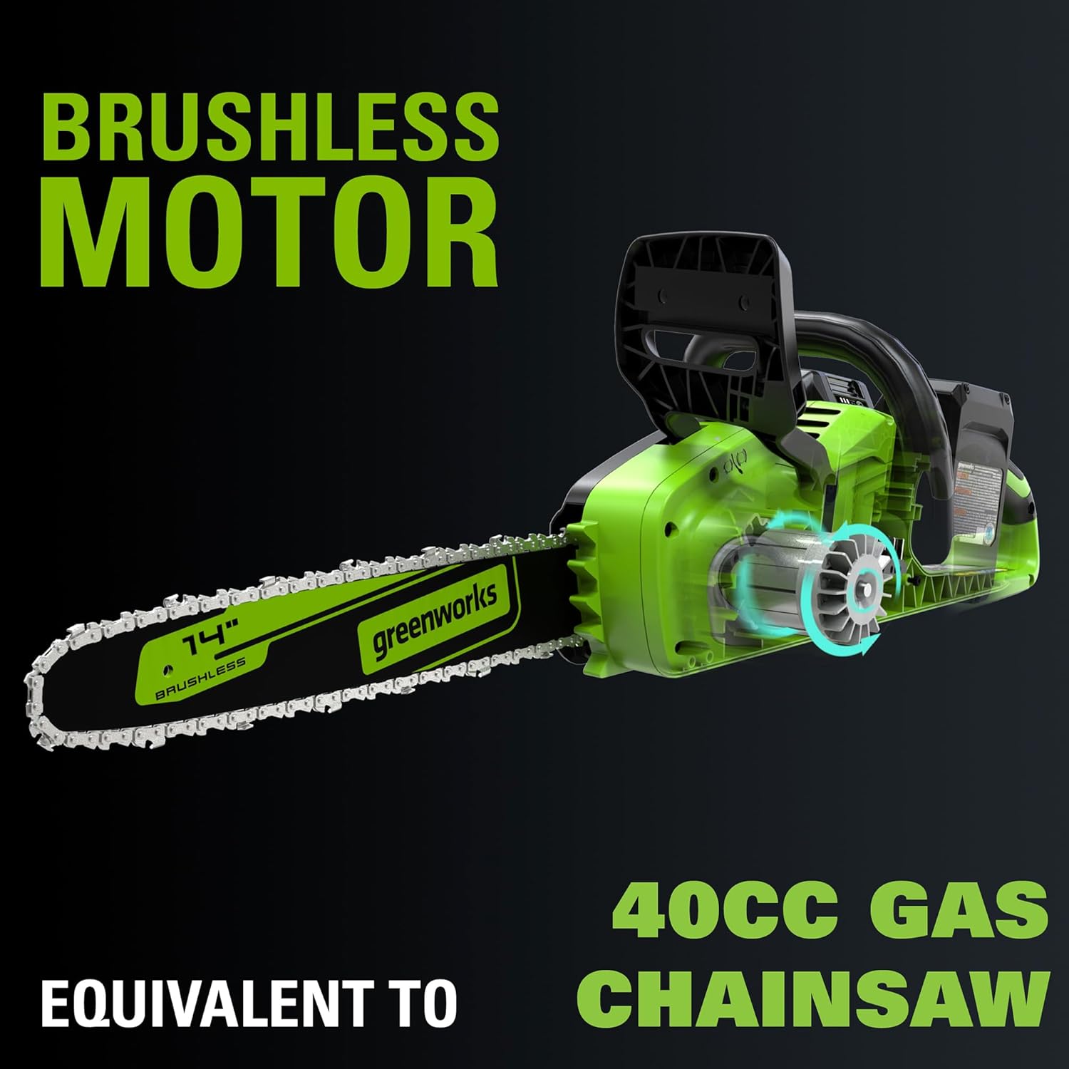 Greenworks 48V (24V x 2) 14" Brushless Cordless Chainsaw (Great For Tree Felling, Limbing, Pruning, and Firewood / 200+ Compatible Tools), (2) 4.0Ah Batteries and Dual Port Rapid Charger Included