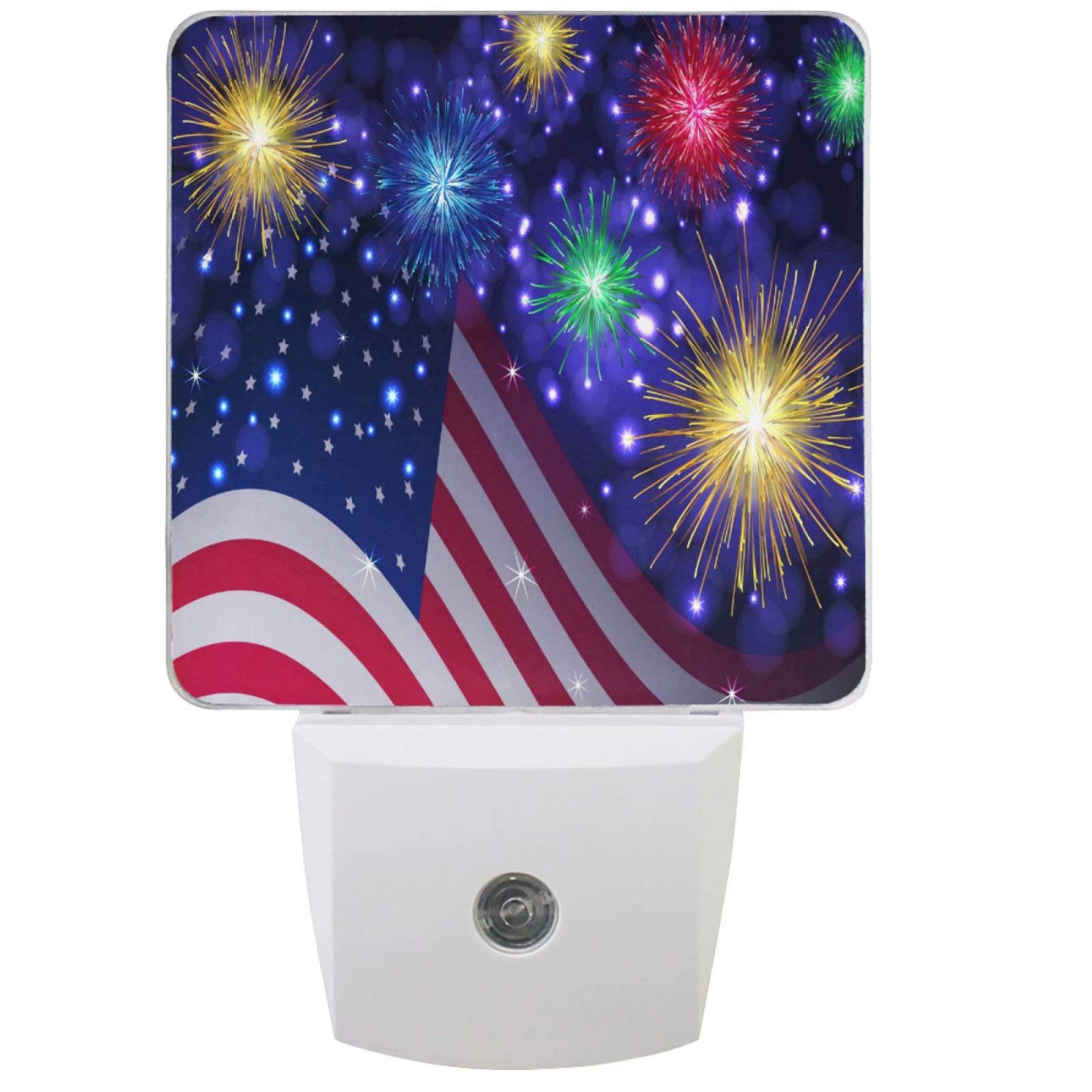 Pfrewn Memorial Independence Day Patriotic Night Light Set of 2 Firework 4Th of July Plug-in LED Nightlights Auto Dusk-to-Dawn Sensor Lamp for Bedroom Bathroom Kitchen Hallway Stairs Decorative