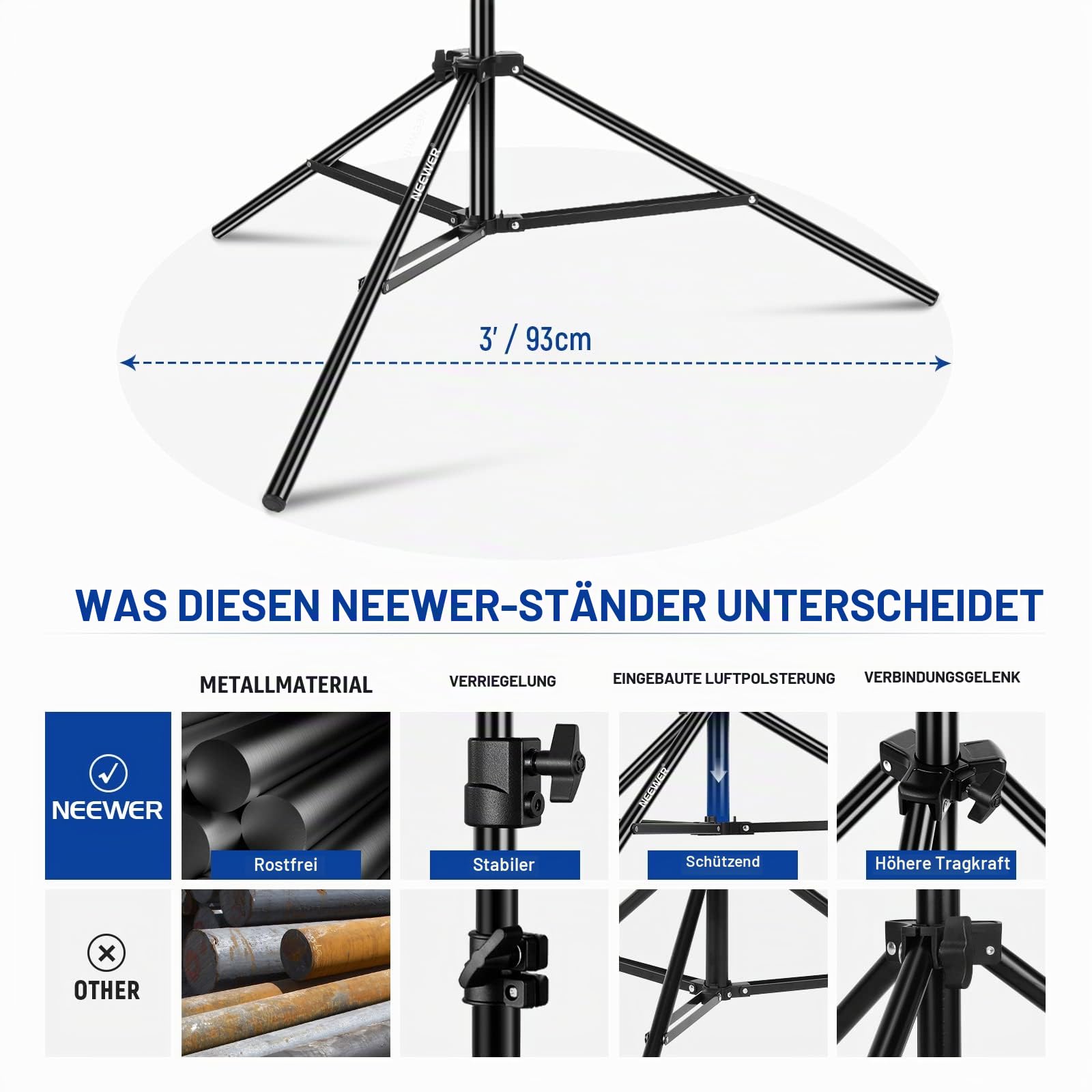 NEEWER 3m Lichtstativ, Luftgepolstertes Heavy Duty Metallstativ für Ringlicht Fotografie Lampen mit 1/4" zu 3/8" Schraubadapter und 3 Wege Schnittstellen, Tragfähigkeit: 2,5kg, ST-300AC