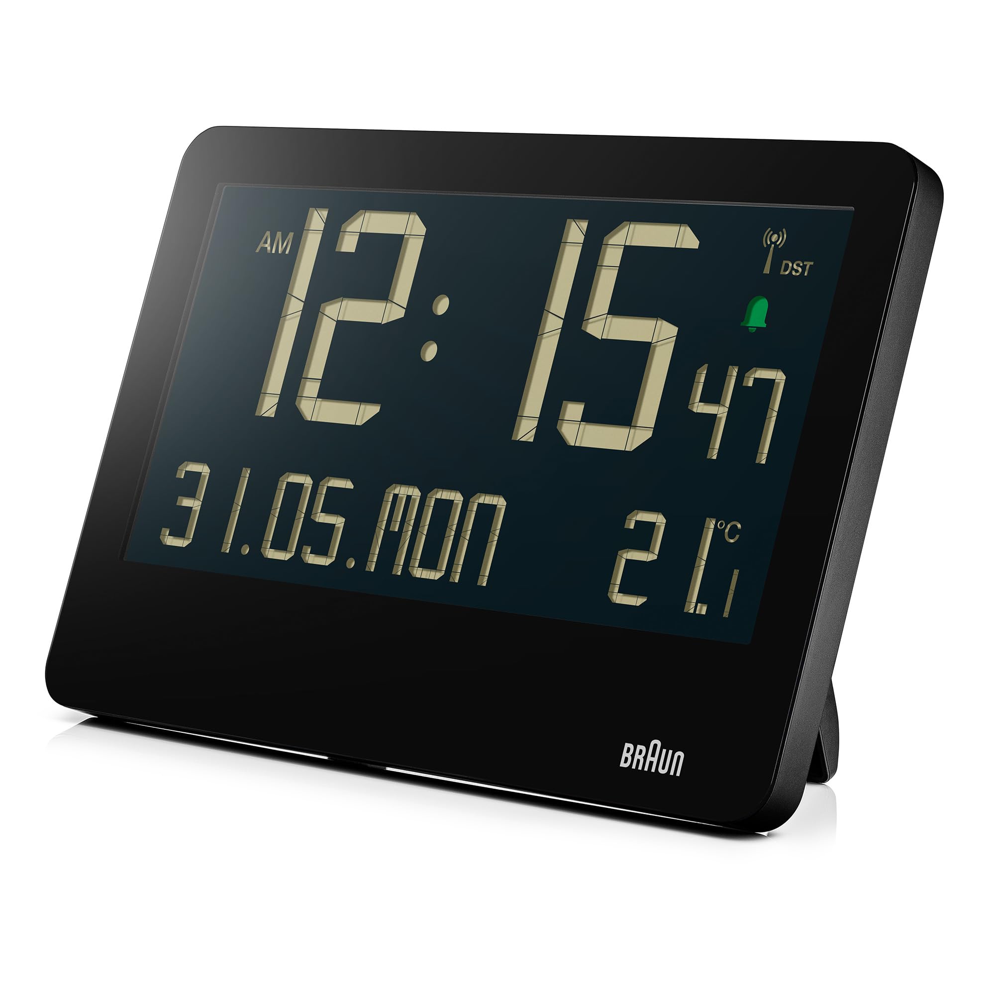 Braun Digitale Funk-Wanduhr mitteleuropäische Zeitzone (DCF) mit Innentemperatur, Datum, Wochentag, großem LCD-Display, Schnelleinstellung, Piepton-Alarm in Schwarz, Modell BC14B-DCF