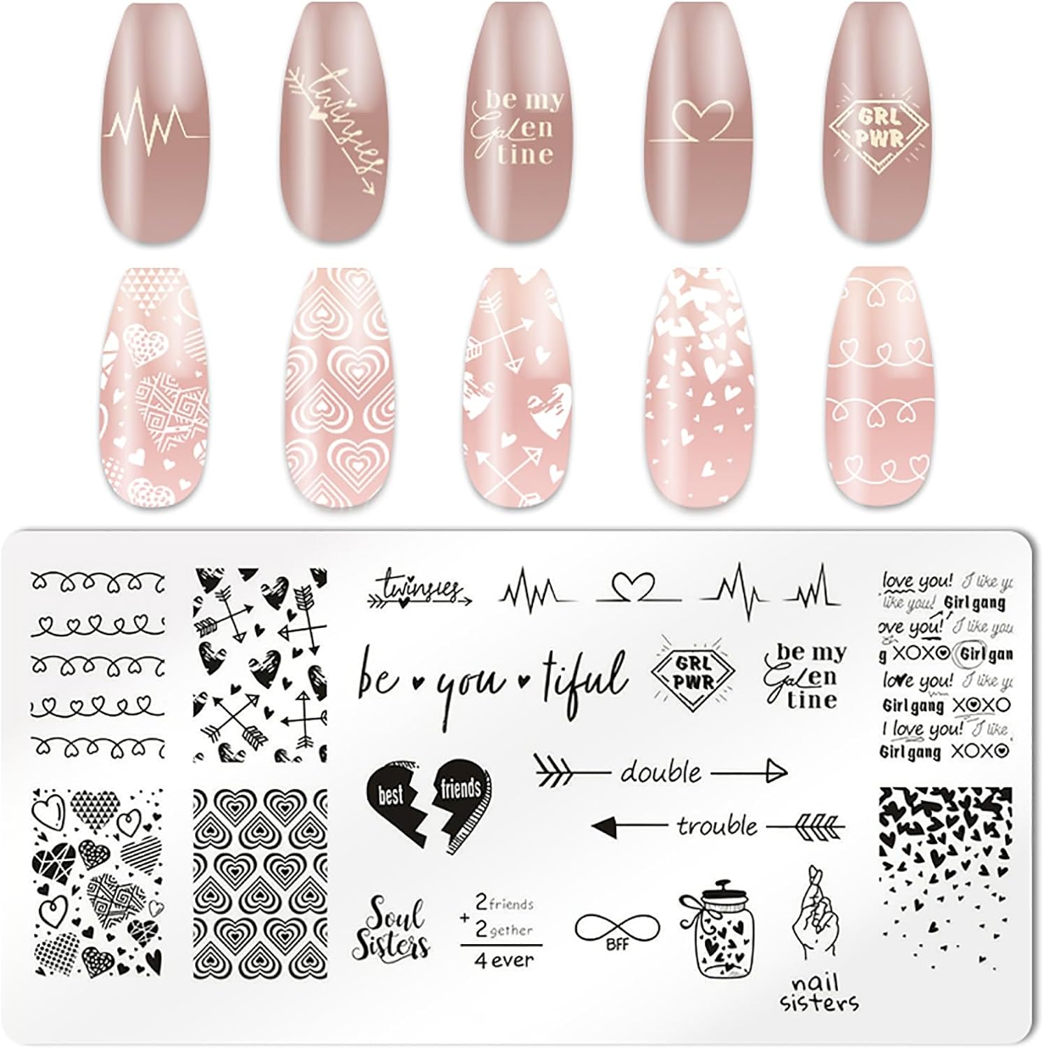 HYWWPFLAY 5pcs Nail Stamping Plates with Nail Stamper Scraper, Valentine's Day Nail Stamp Romantic Love Heart Nail Plate Stamps Stencils Nail Art Template for DIY Print Manicure Tool Salon Design