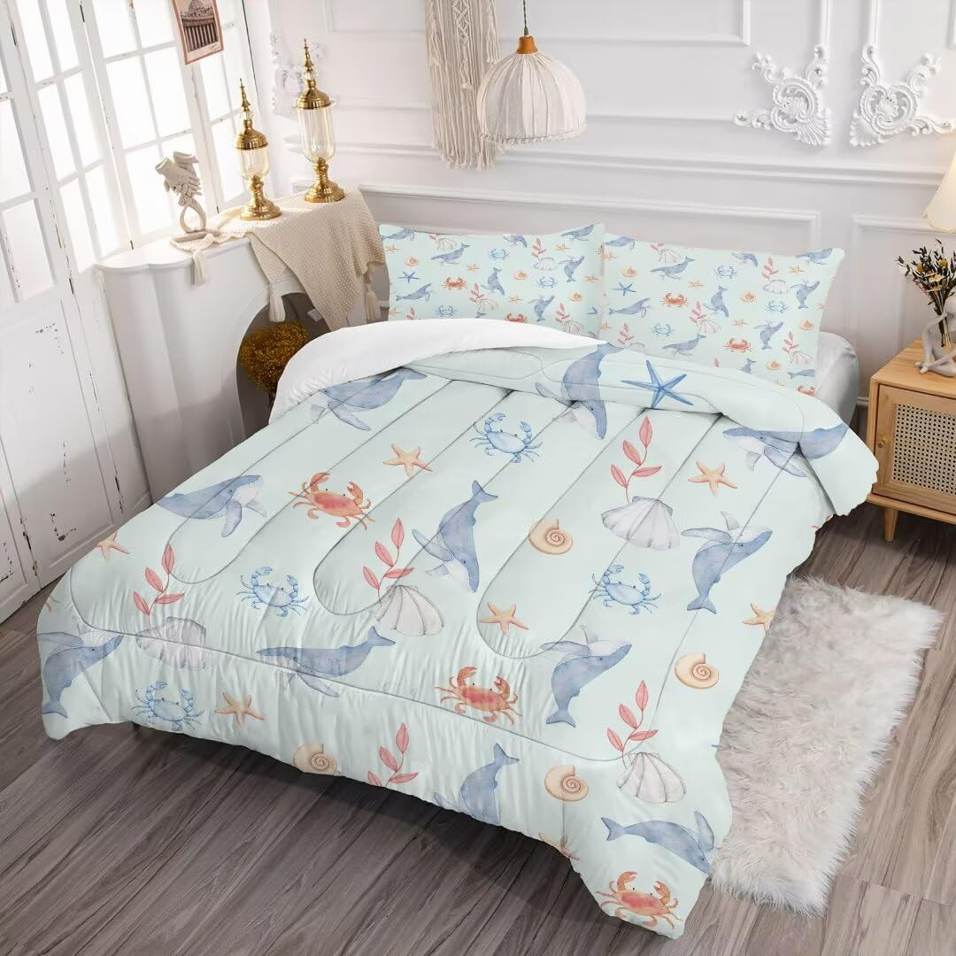 VTKON Light Blue Cute Whale Kids Comforter Set Full Size Cartoon Ocean Bedding for All Seasons Ocean Room Decor for Kids Cute Whale Boys Girls Bedding Set with 1 Comforter+ 2 Pillowcases
