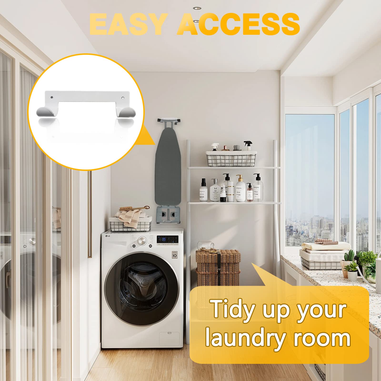 Wall-Mounted Ironing Board Hanger - Silver Ironing Board Holder Organizer for Laundry Rooms - Space-Saving Wall Rack with Hanging Shelf Hanger