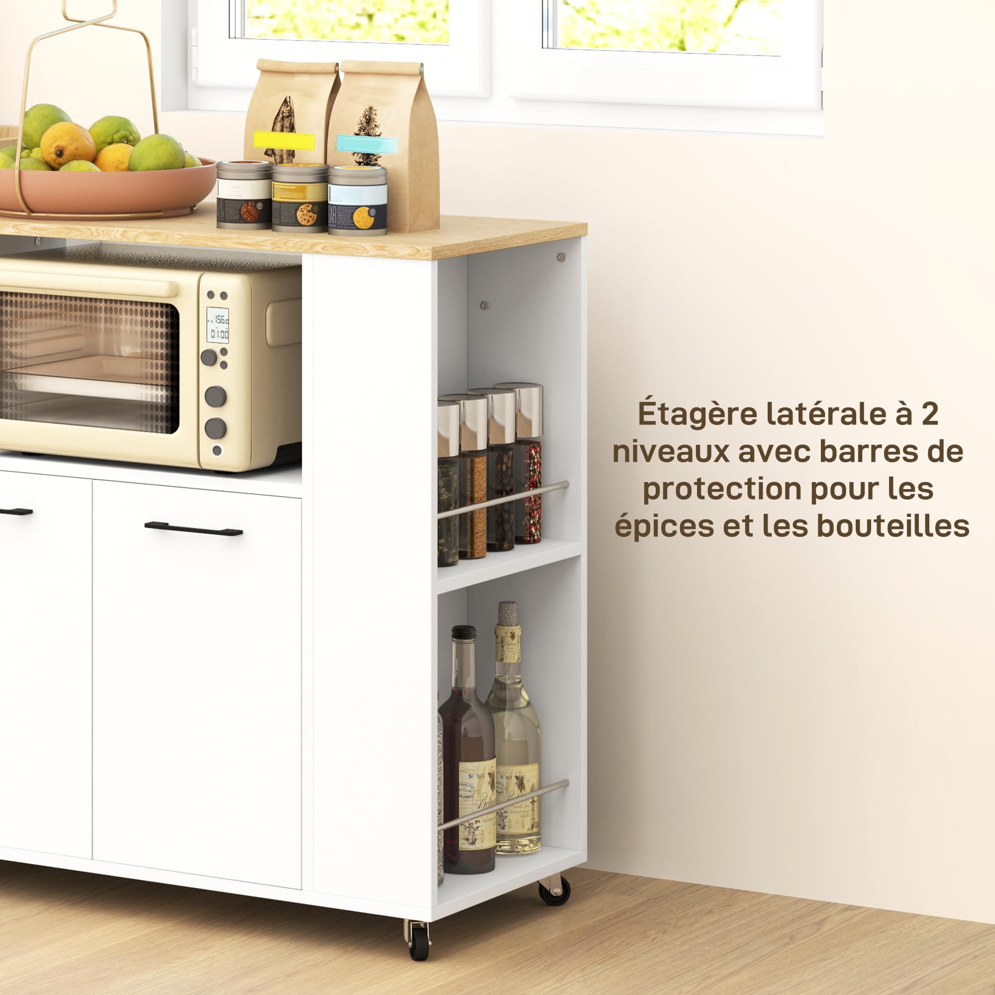 HOMCOM Desserte de Cuisine à roulettes avec Plan de Travail, Îlot Central Cuisine avec 2 Portes, Compartiment Ouvert, étagère réglable et Porte-épices, pour Salle à Manger, 75x40x80,5cm, Blanc
