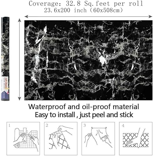 Miniatura 6 de Arthome - Papel de contacto de mármol negro, papel negro para despegar y pegar, papel tapiz autoadhesivo (negro plateado, 23.6 x 120 pulgadas)