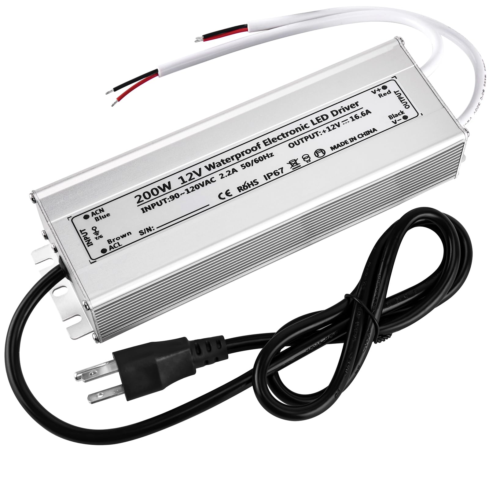 LED Driver 12V 200W Waterproof IP67 12Volt LED Power Supply Transformer Adapter, 90-120V AC to 12V DC Output, 12Volt LED Driver with 3-Prong Plug 3.3