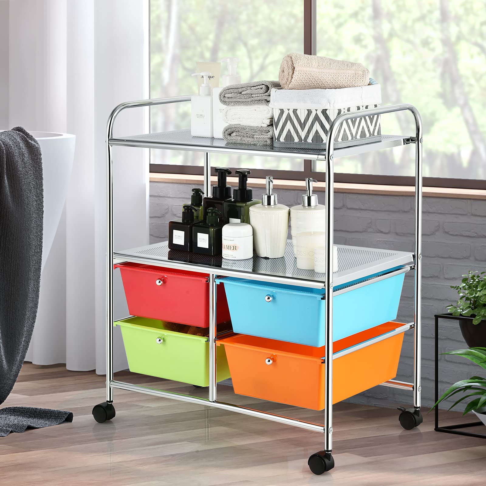 GOPLUS Chariot de Rangement 3 Niveaux avec 4 Tiroirs, Tour de Rangement à roulettes, Cadre en Acier, pour Chambre, Bureau, 63 x 37 x 74,5 CM, Multicolore
