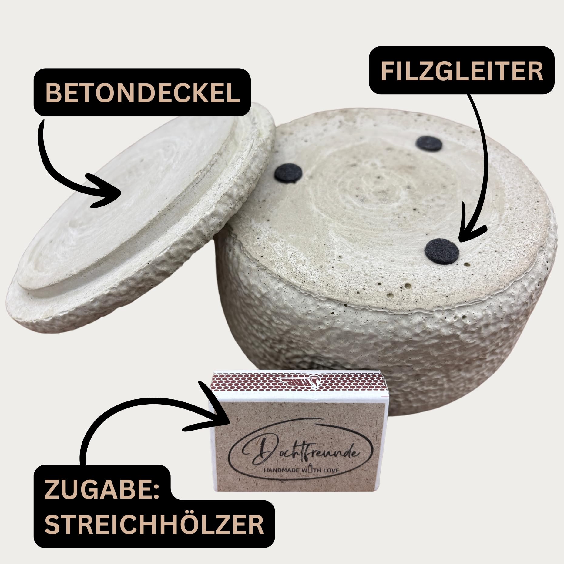 Wachsfresser aus Beton mit Deckel (Ø 12,5cm) | Outdoor Schmelzlicht mit Dauerdocht | Gartenfeuer & Wachs-Recycling (Schwarz, Inkl. 1x 120g Refill)
