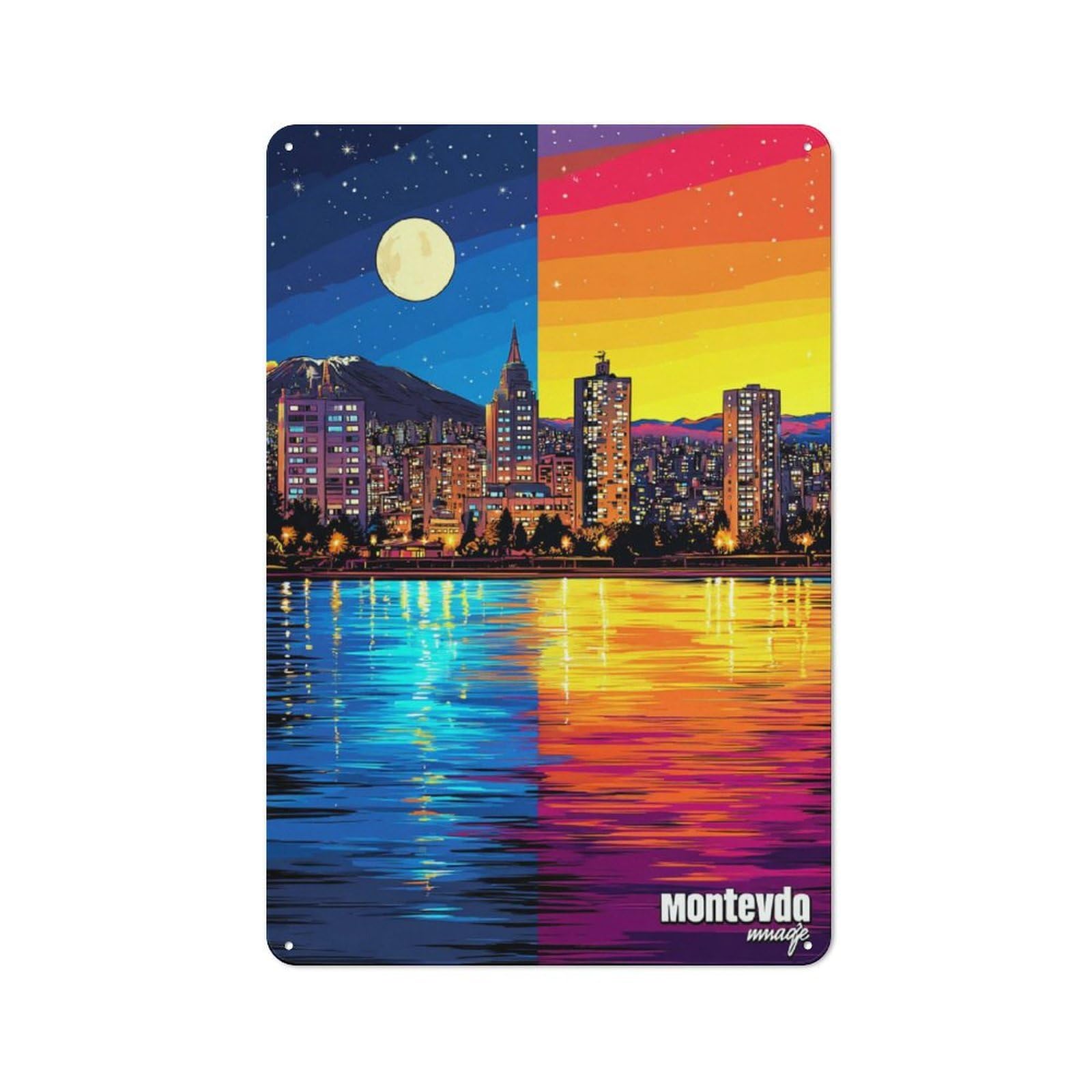 Junmoney City Skyline Reflections Day To Night Transi Metal Plaque 30X20cm With Tion For Hallway Wall, Retro Decor, For Themed Interiors In Hallways And Entrance Areas
