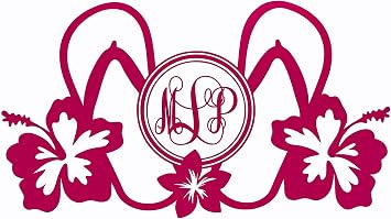Custom Initial Monogram Decal Bumper Sticker, for Tumblers, Laptops, Car Windows - Double Sandal Flip Flop & Hibiscus Tropical Flower Design
