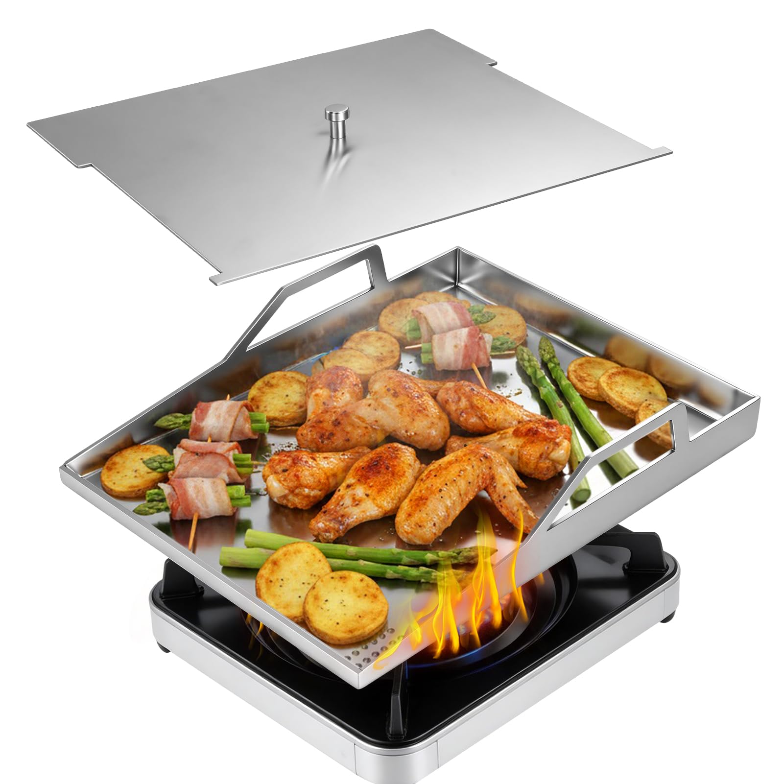 Edelstahl Grillplatte Plancha Universal 40x30 cm Gas Holzkohlegrill Anti-Stick | Grillschale für Kohle und Gasgrill Burger Spiegelei Grill Platte mit Deckel