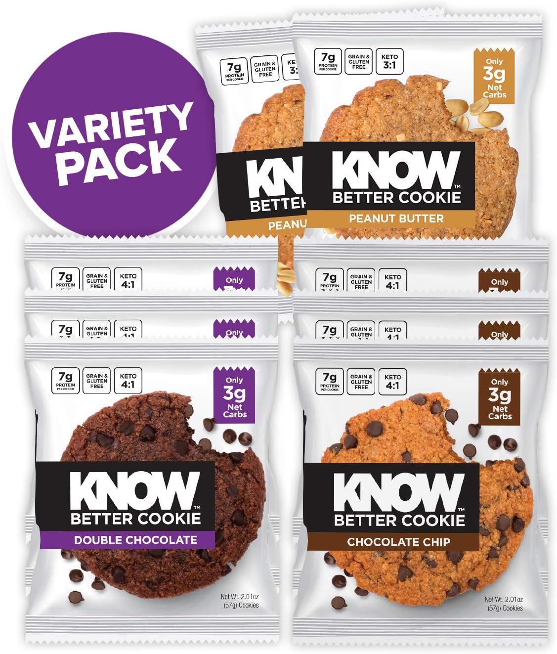 KNOW Foods - KNOW Better Cookie, Variety Pack, Keto Snack, Low Carb Snack, Protein Cookie, Gluten Free, 2.01oz Cookie, 8 Count