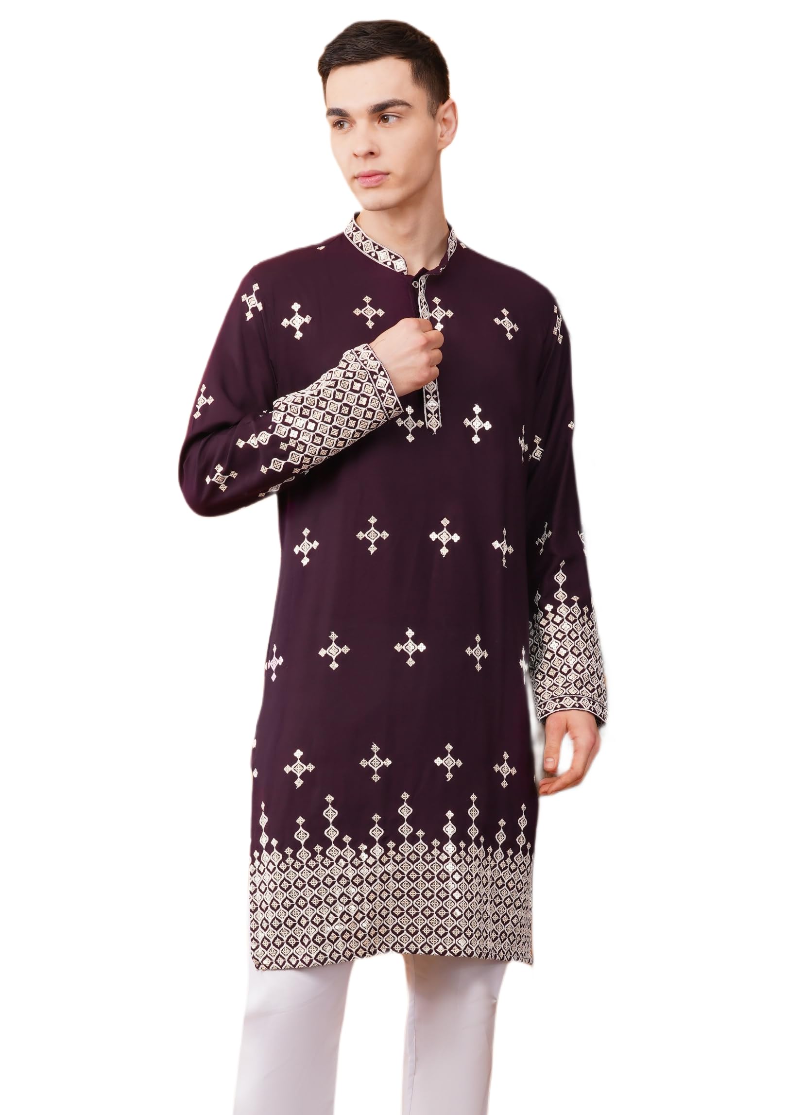 Men's Cotton Rayon Embroidered Kurta Regular Fit Full Sleeve with Mandarin Neck and Knee Length Ethnic Kurta-image-0
