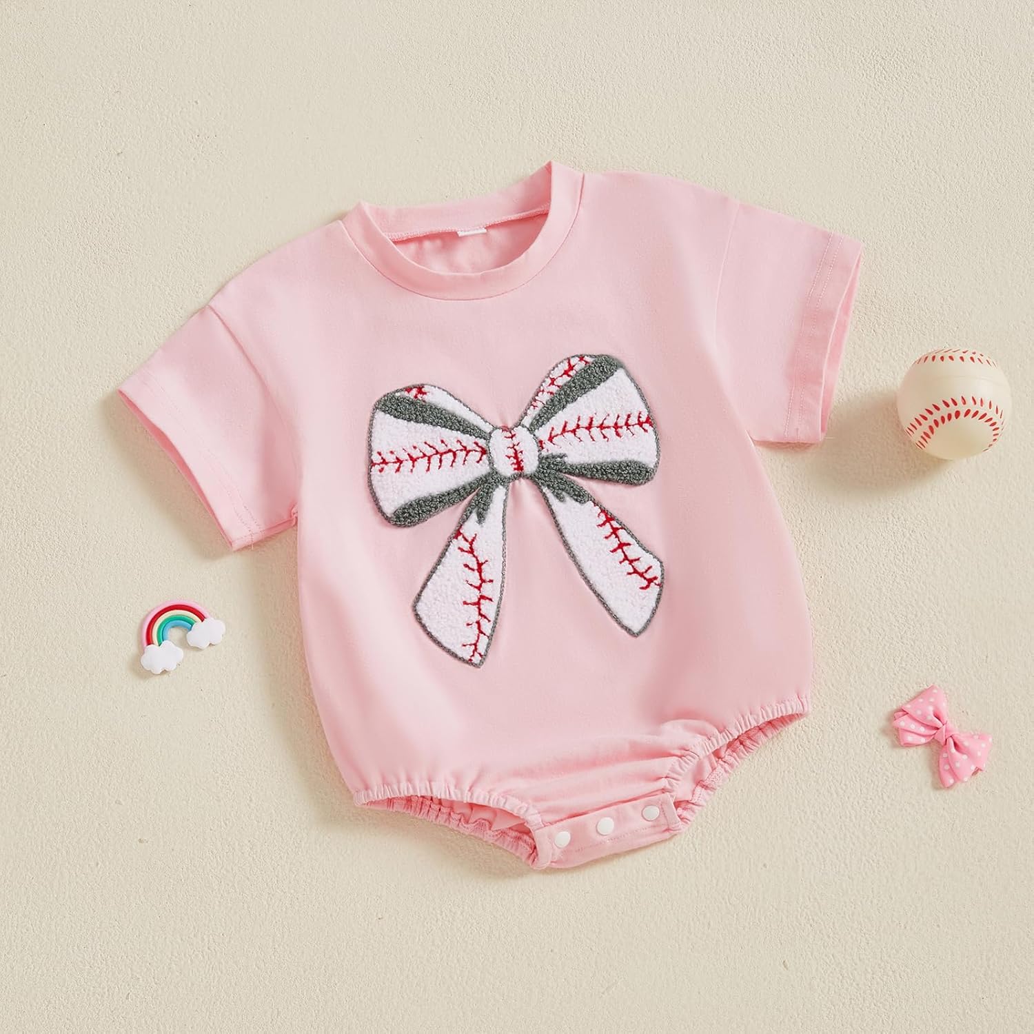 Newborn Summer Outfit Baby Girl Baseball Bow Embroidery Bubble Romper Short Sleeve One Piece Bodysuit - Image 2