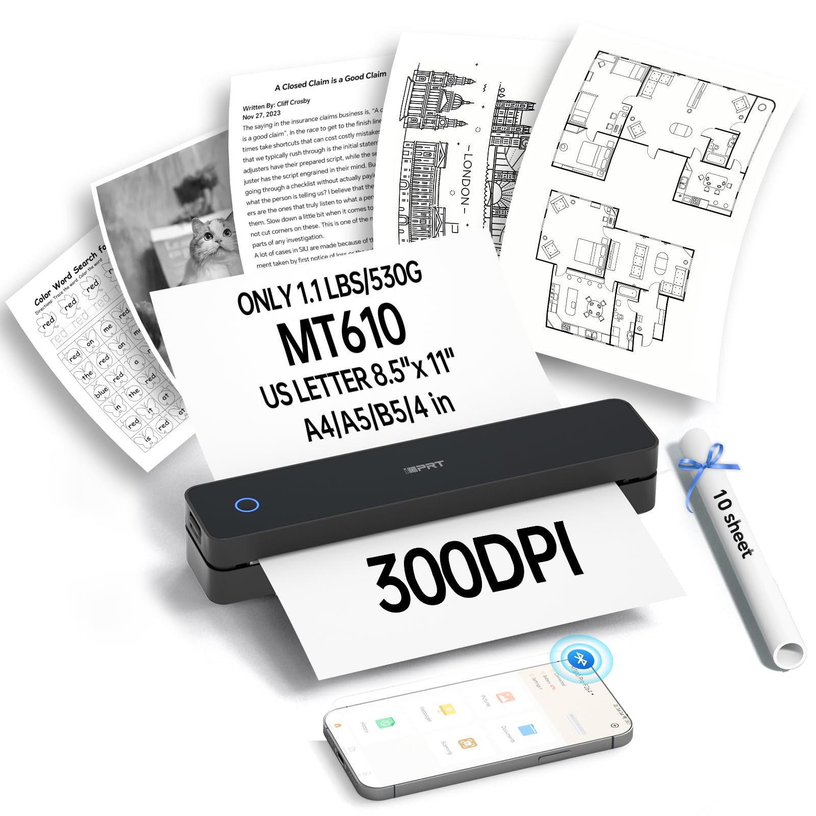 iDPRT Portable Thermal Printer, 300 DPI Mini Thermal Printer A4, Bluetooth Printer for Travel, Home, Study, Wireless Printer for Home Use, Compatible with iOS, Android and PC, Black-image-10