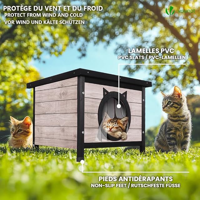 Foto 3 de 7 de VOUNOT Casa para Gatos de Madera con Techo Asfáltico y Puerta en Forma de Oreja Listones de PVC