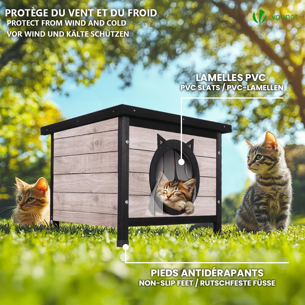 VOUNOT® Drewniany domek dla kota z bitumicznym dachem i drzwiami w uszach kota dom toaleta dla kota szafka na kuwety budka 57 x 45 x 43 cm szary