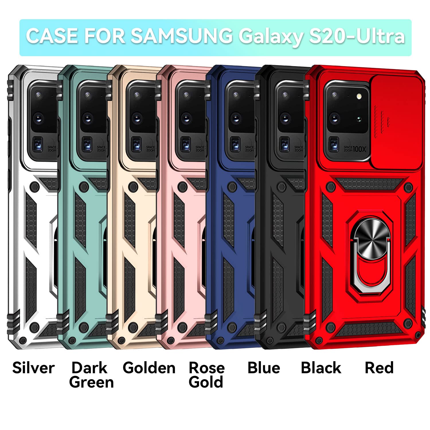 Jiyu Funda Compatible con Samsung Galaxy S20 Ultra 5G Carcasă Armor Militar Cubierta de Cámara Deslizante Proteger Fundas con 360 Full Protección Anillo Soporte Silicona Estuche Cover Case,Negro — view 2