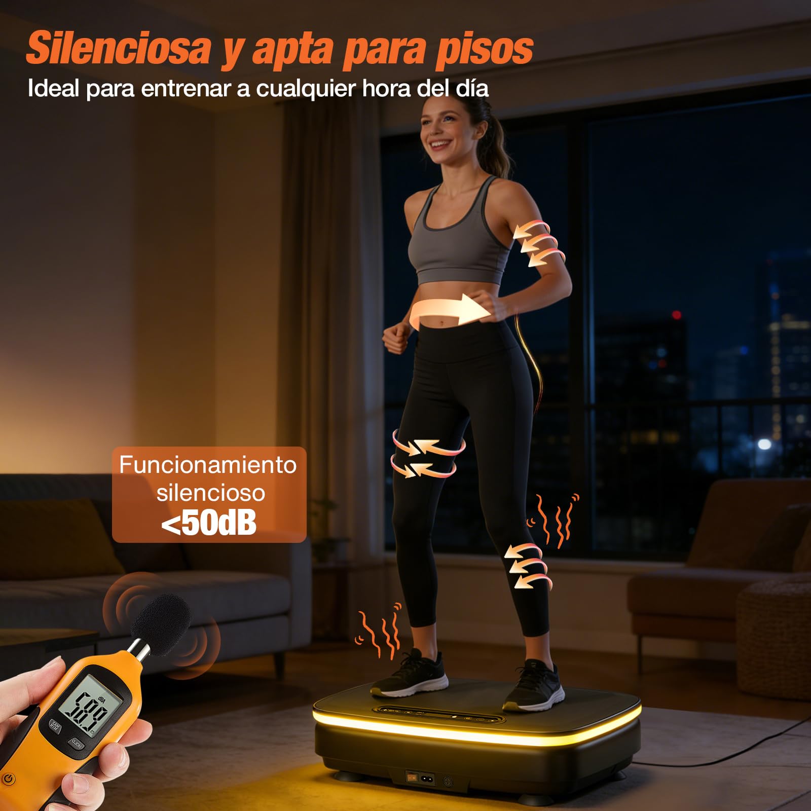 DH FitLife Plataforma Vibratoria Silenciosa y Estable para Casa, 0–99 Niveles, 9 Programas Automáticos, Sin Impacto con Ventosas Antideslizantes, Bluetooth, Bandas y Mando, 150 kg