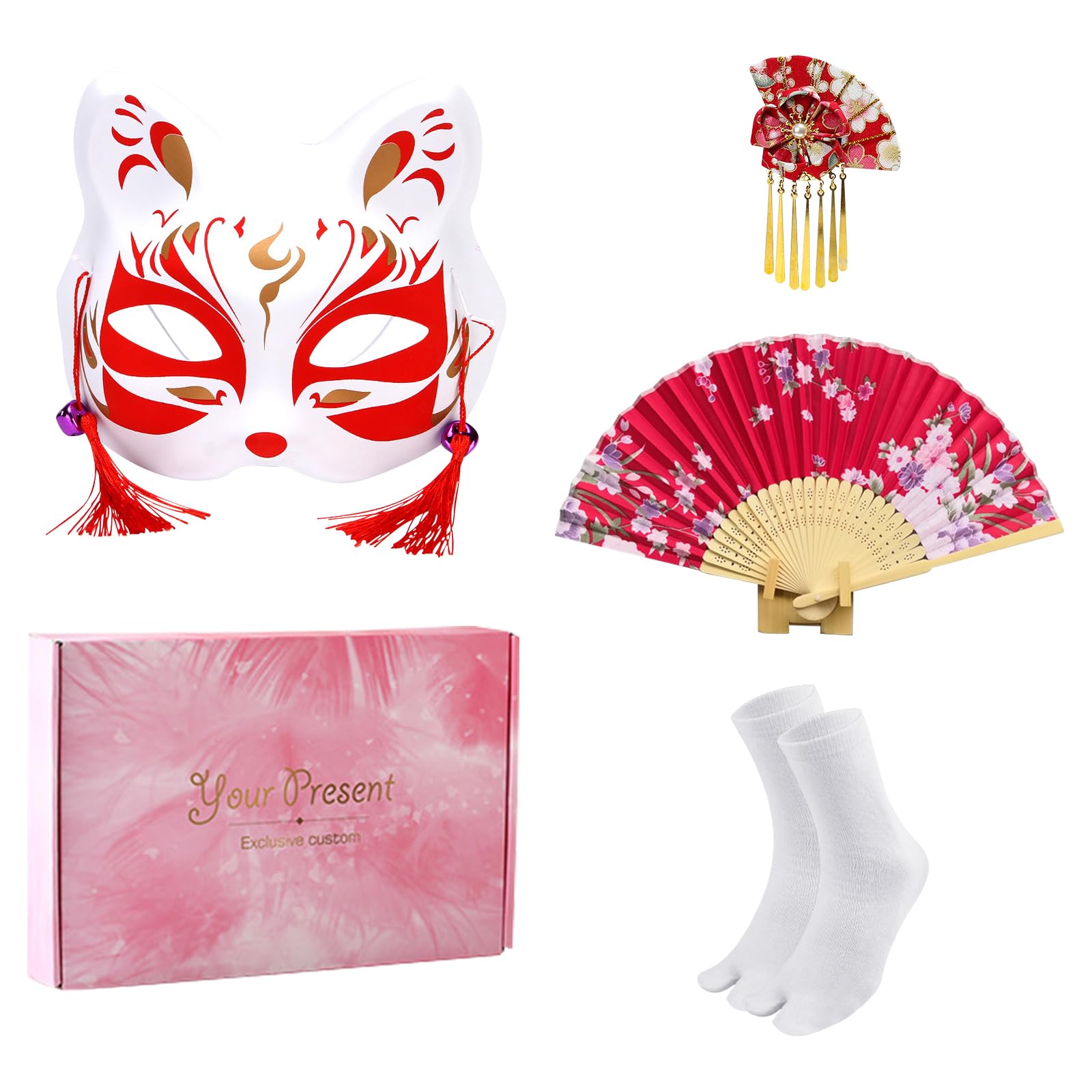 5 Piezas Kimono Mujer Corto con Estampado Floral, Inspirado en el Yukata Japonés con Accesorios, Conjunto Completo para Cosplay, Fiesta, Carnaval
