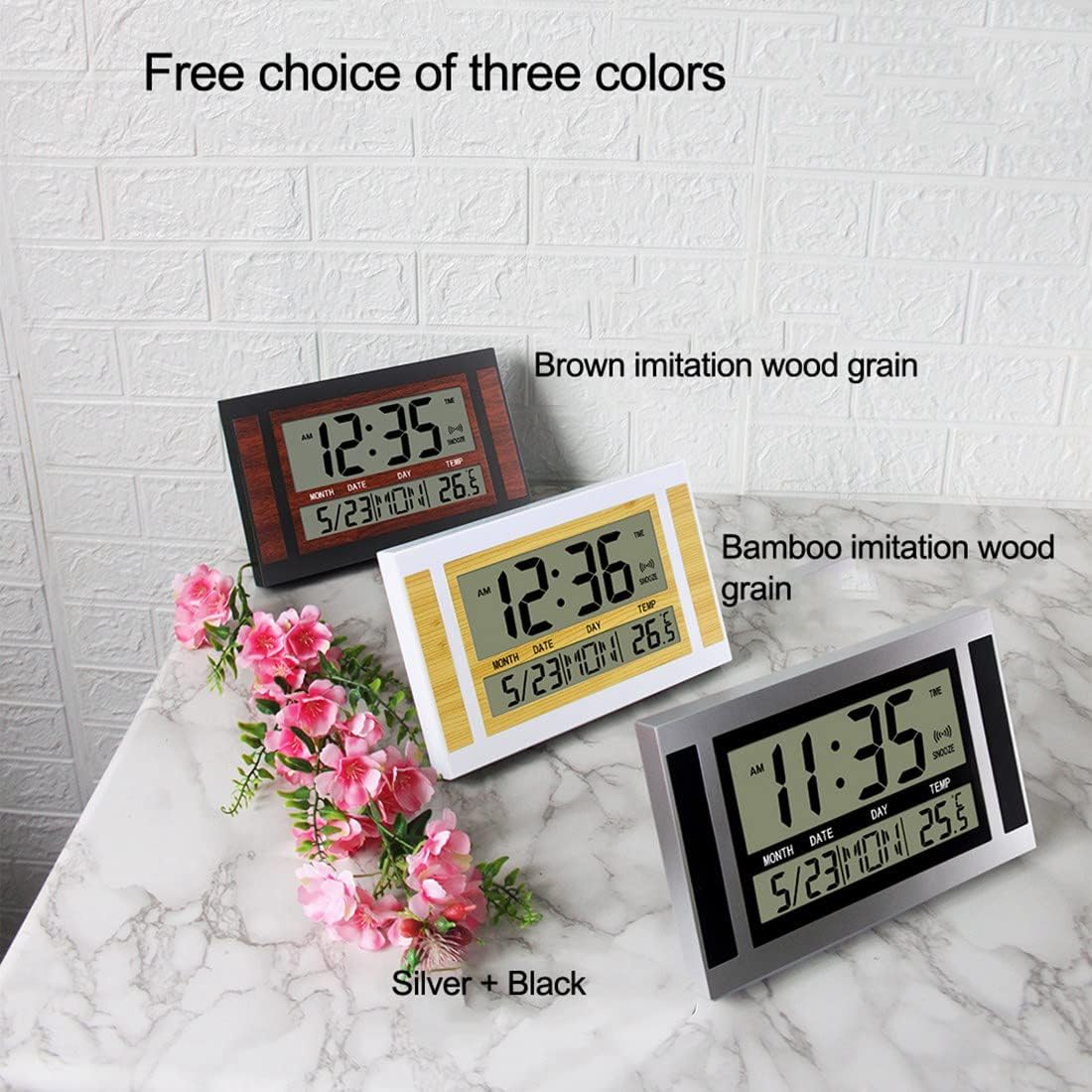 Digital Wall Clock LCD Number Time Temperature Calendar Alarm Table Desk Clock Modern Design Office Home Silver