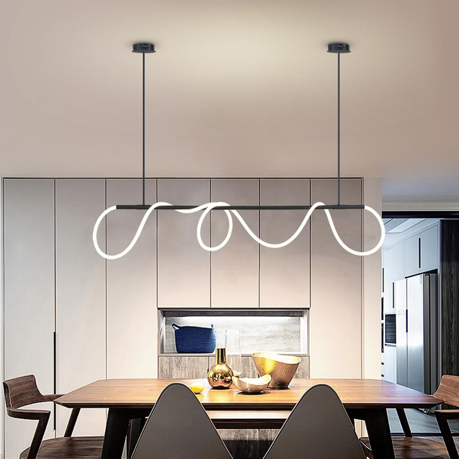 Dimmable LED Pendant Lamp with Remote - Modern Black Chandelier for Dining Room Kitchen Living Room - 150cm Stylish Lighting Fixture