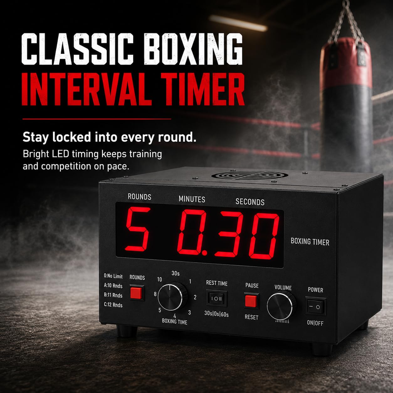 Timer intervallo di boxe portatile, 1-12 o round illimitati | Display a LED timer intervallo palestra, conto alla rovescia e avvisi cicalino, boxe e MMA(red)