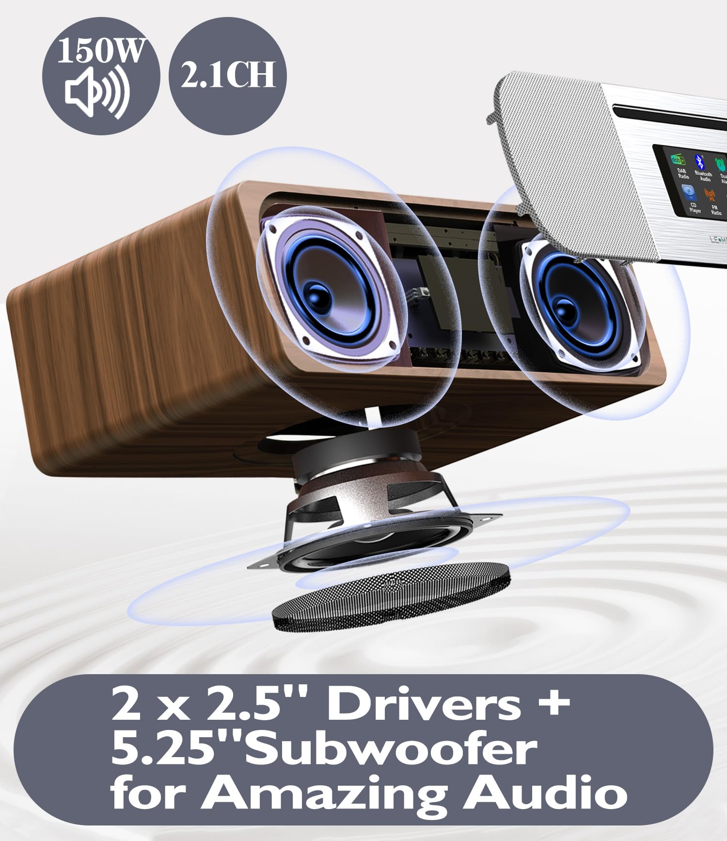 LEMEGA M6P CD-Player mit DAB/DAB+ & FM-Radio, Bluetooth-Streaming, 150W Stereo-HiFi-System mit internem Subwoofer, 2,8" Farbdisplay, 40 Speicherplätze, Fernbedienung, Akustisches Holzgehäuse,Walnuss