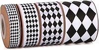 Vista 1 de 4 rollos en total de 20 yardas de cinta de satén blanco y negro impresa con diamantes para manualidades, envoltura de regalos, decoración de fiesta