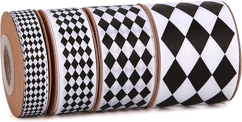 4 rollos en total de 20 yardas de cinta de satén blanco y negro impresa con diamantes para manualidades, envoltura de regalos, decoración de fiesta