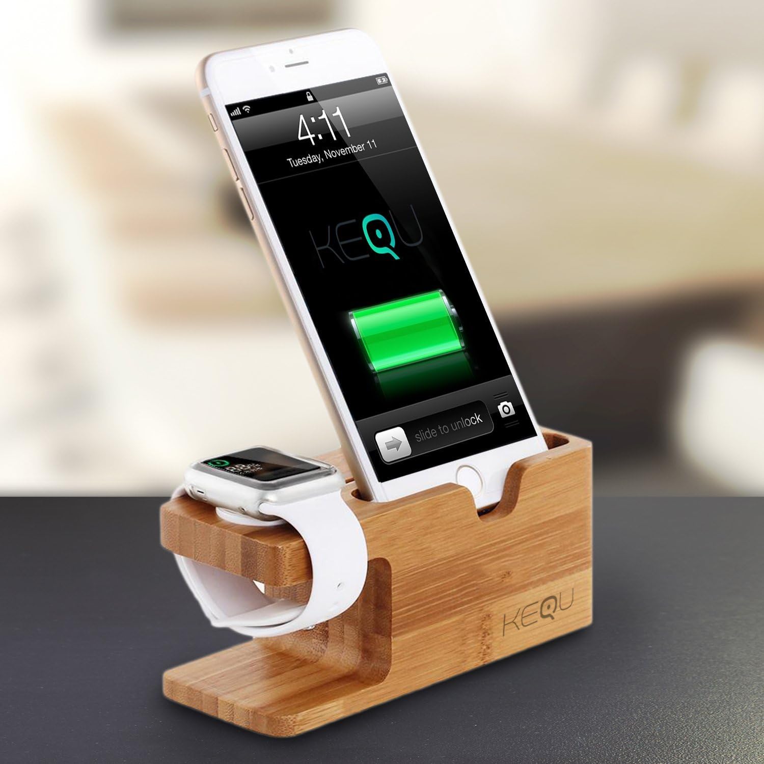 Kequ Wooden Charging Stand Cradle Station Dock for Apple Watch and iPhone 6 6s 5S 5C 5