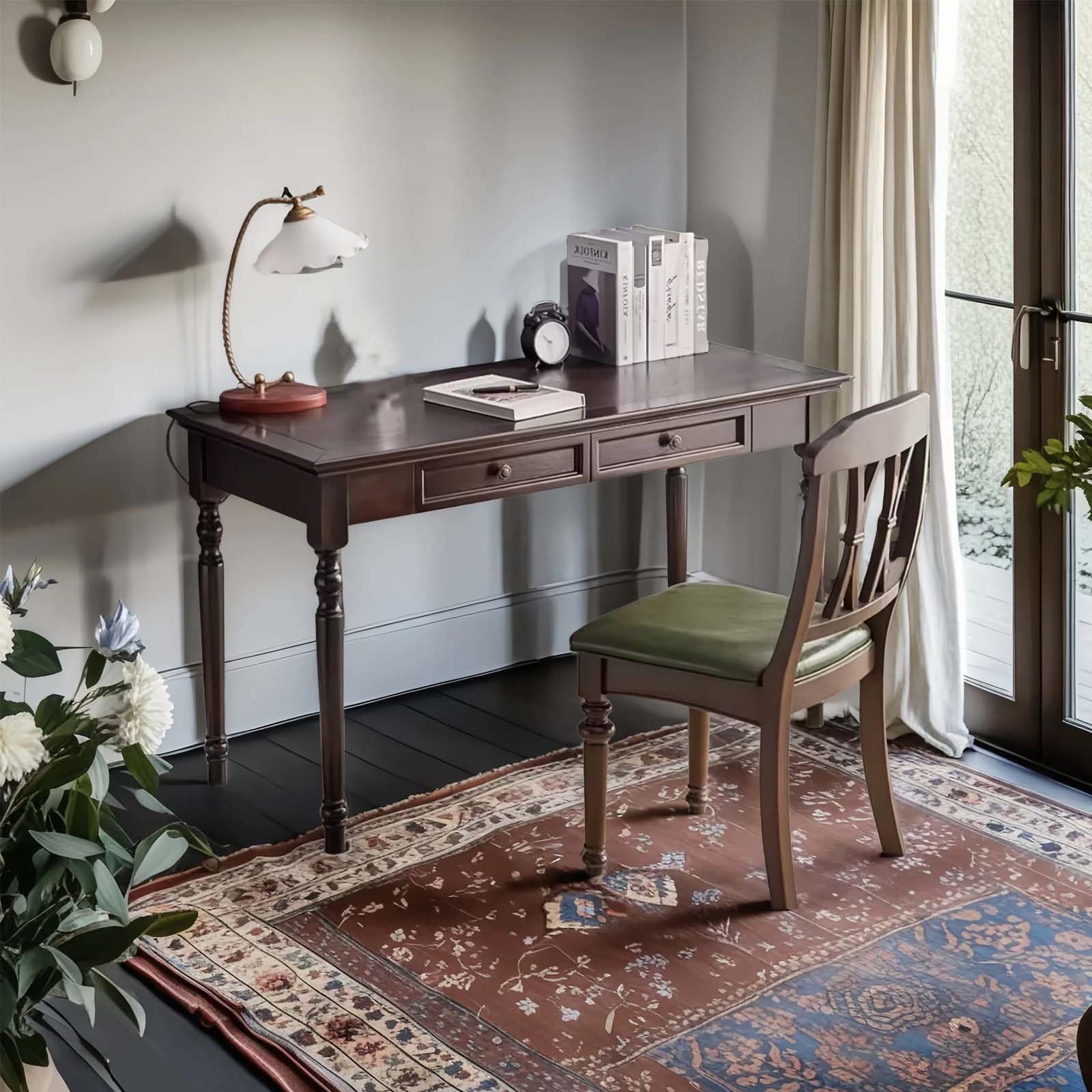 Schreibtisch aus Massivholz mit Schubladen, 120 cm,Walnussfarben | Französischer Landhausstil, ideal für Zuhause, Wohnzimmer, Arbeitszimmer oder Büro