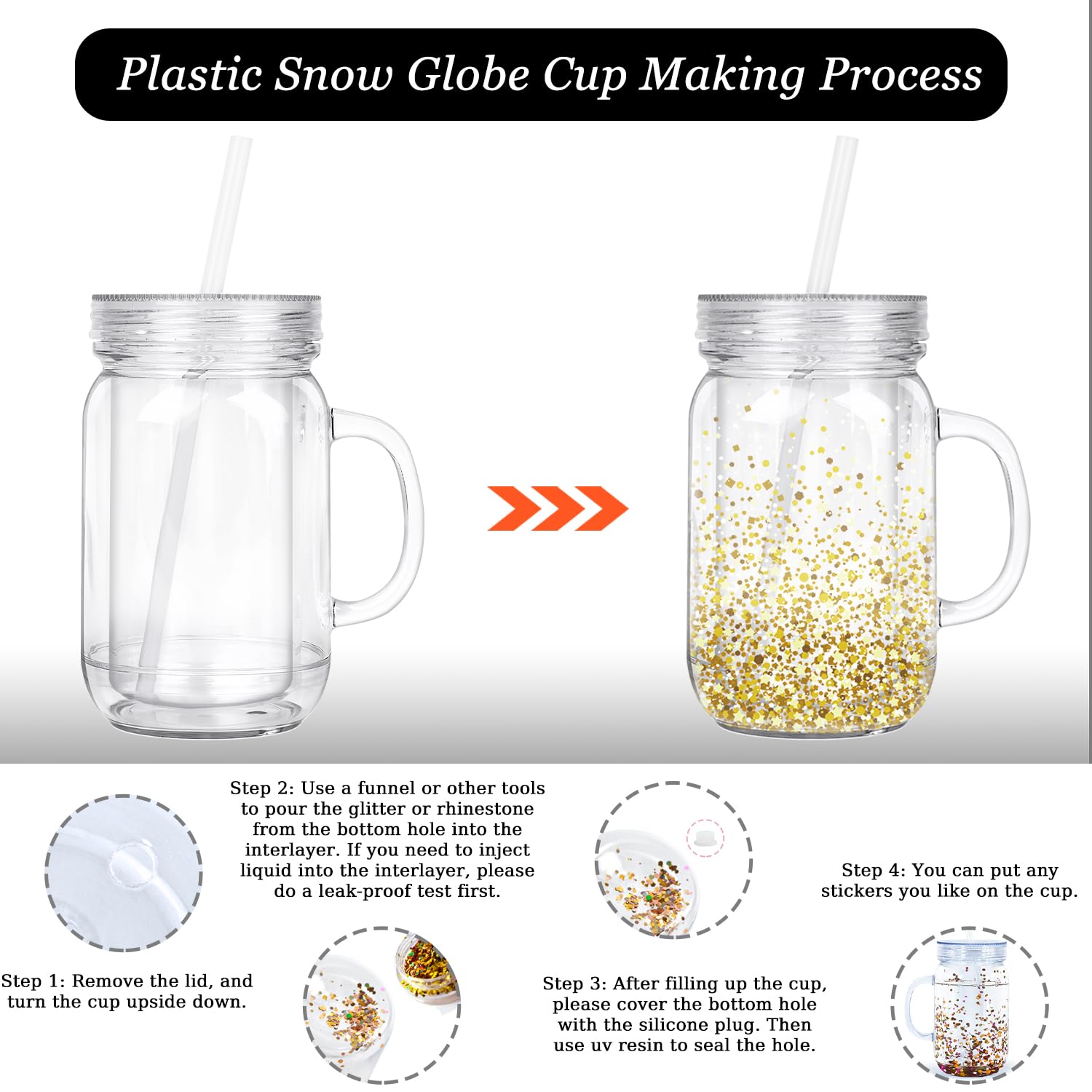 CHLJAR 20 Oz Plastic Snowglobe Tumbler, 4 Pack Pre-Drilled Double Wall Acrylic Mason Jars with Handle For Glitter Snow Globe, Snowglobe Tumbler Supplies