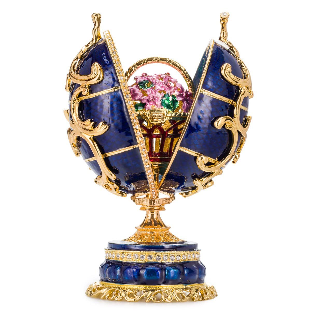 danila-souvenirs Jajko muzyczne w stylu Faberge, Szkatułka na biżuterię Kwiaty wiosenne z koszem kwiatów, 16,5 cm, niebieskie