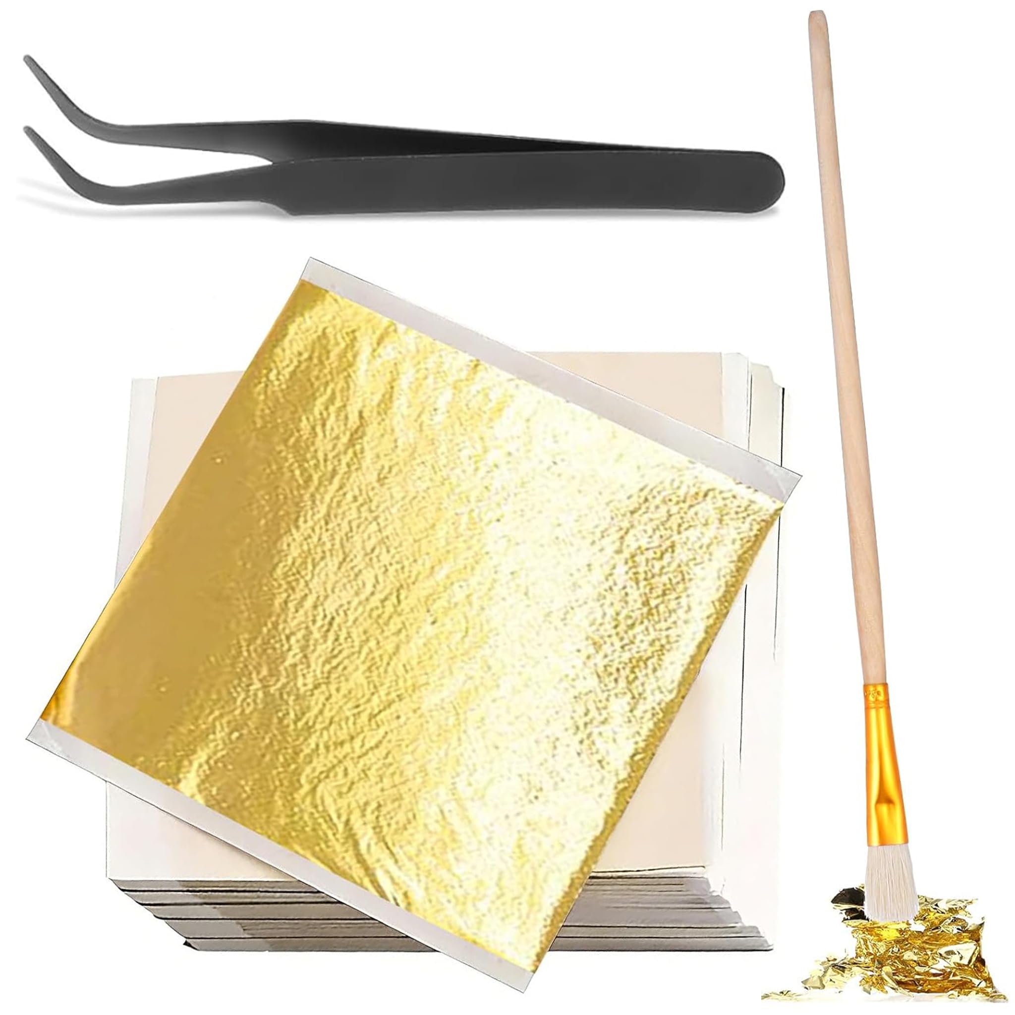 200 Hojas Oro Comestible 14x14cm, para Decoración Pasteles/Manualidades/Pintura, Incl. Pinzas + Pincel, Imitación Oro 24 Quilates