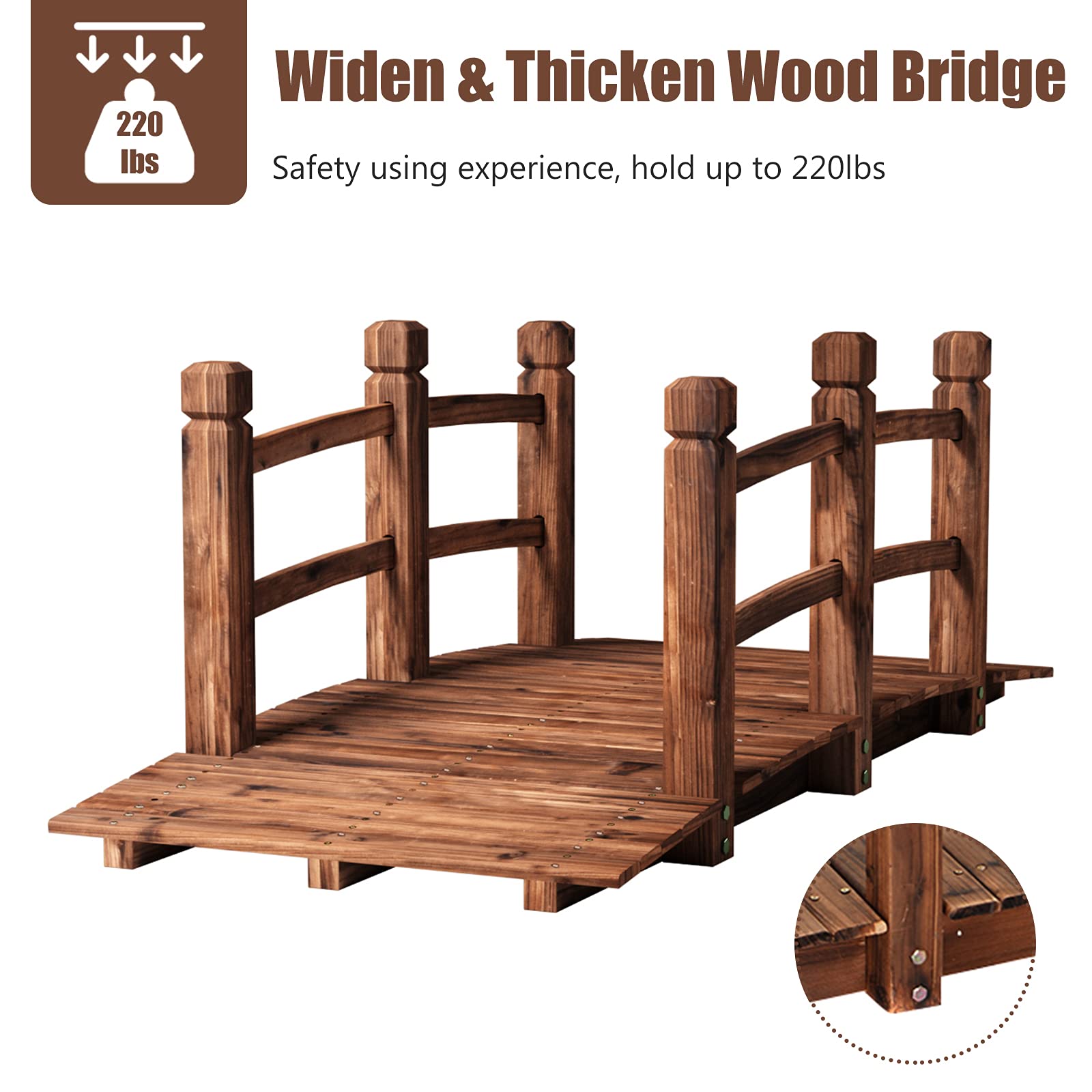 GIANTEX - Puente de jardín de madera carbonizada para estanque, decoración exterior, 150 x 67 x 55 cm, carga máxima 100 kg (marrón)