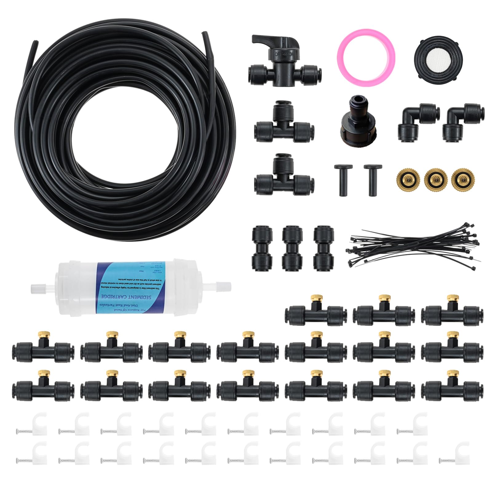 Kit d'irrigation extérieur - Système de brume de 15 m - 17 buses de brouillard en laiton - Tuyau de 15 m - Adaptateur en laiton - Pour terrasse, jardin, serre