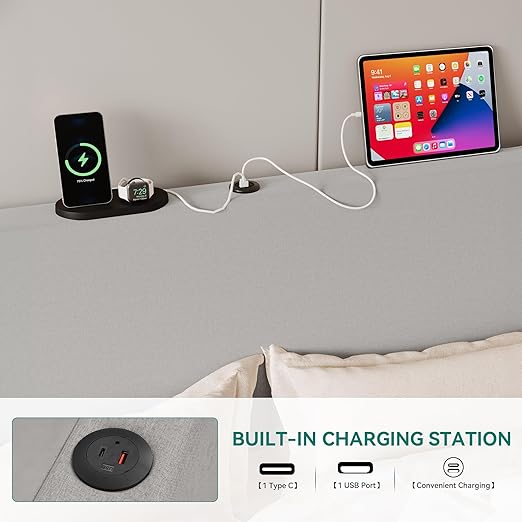 YITAHOME King Size Lift Up Storage Bed Frame with Type-C & USB Port, Modern Linen Upholstered Platform Bed Frame with 50.4" Tall Wingback Headboard/Hydraulic Storage/No Box Spring Needed, Beige thumbnail 4