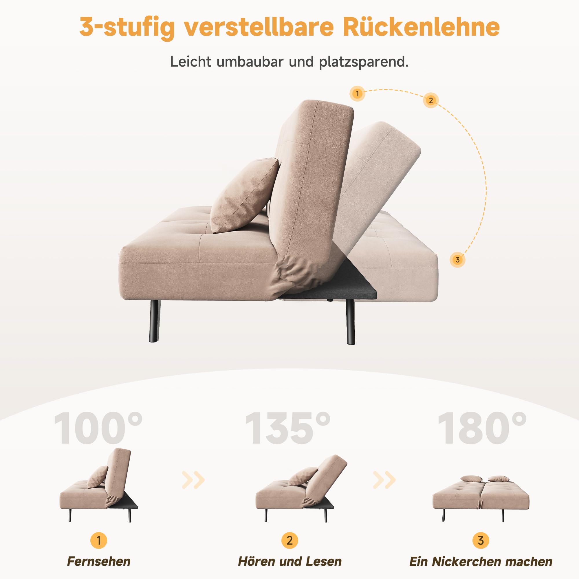 SONNI Sofá cama 3 en 1, sofá cama plegable con respaldo ajustable (100° 135° 180°), 2 cojines, función de sueño, terciopelo bebé, caqui, para salón, habitación de invitados y espacios pequeños, 180 x