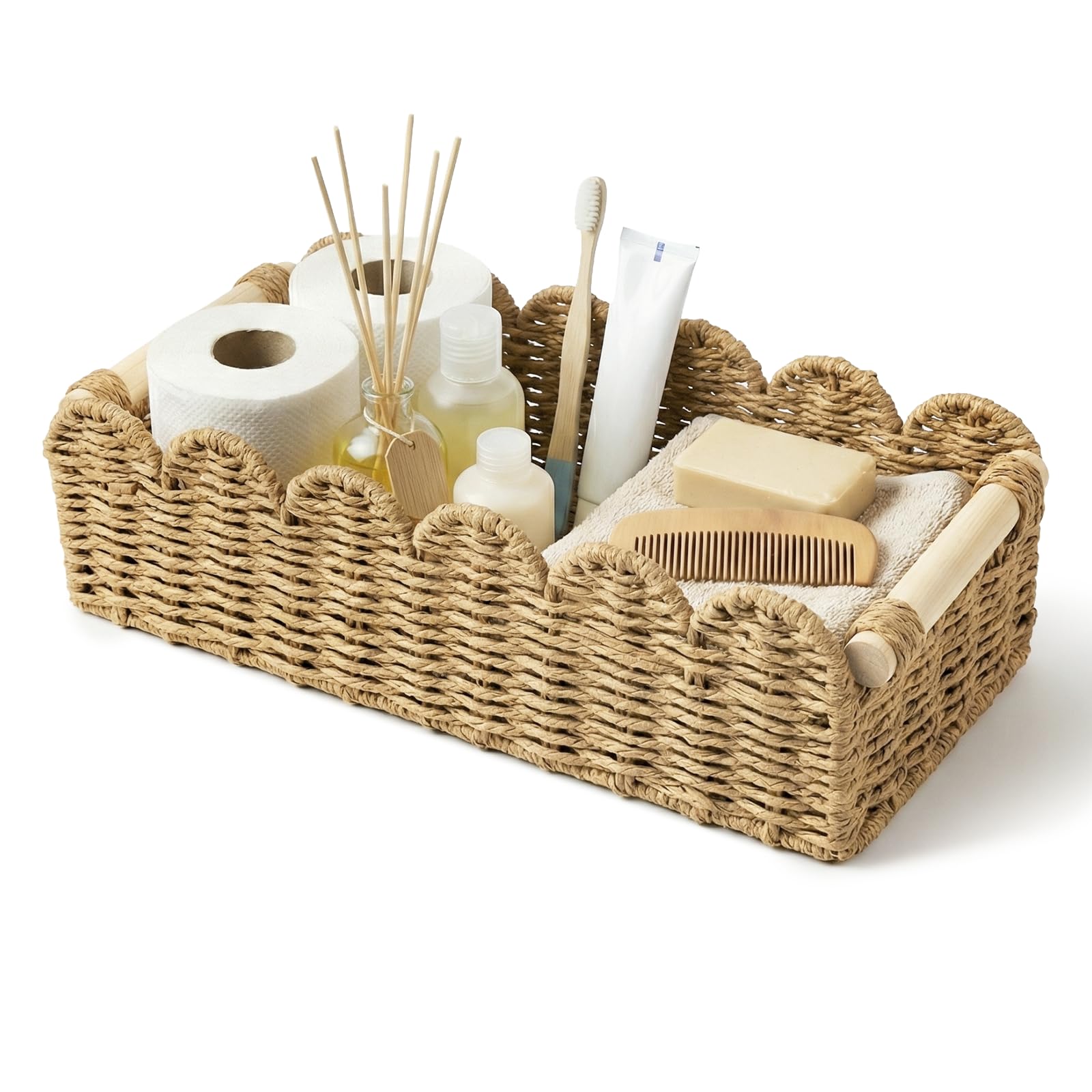 Storage Basket for Toilet Tank Top Scalloped Edge Woven Paper Rope Wicker Bin with Wooden Handles Cute Decorative Organizer Tray for Counter Shelf & Decor Includes Small Box Neutral