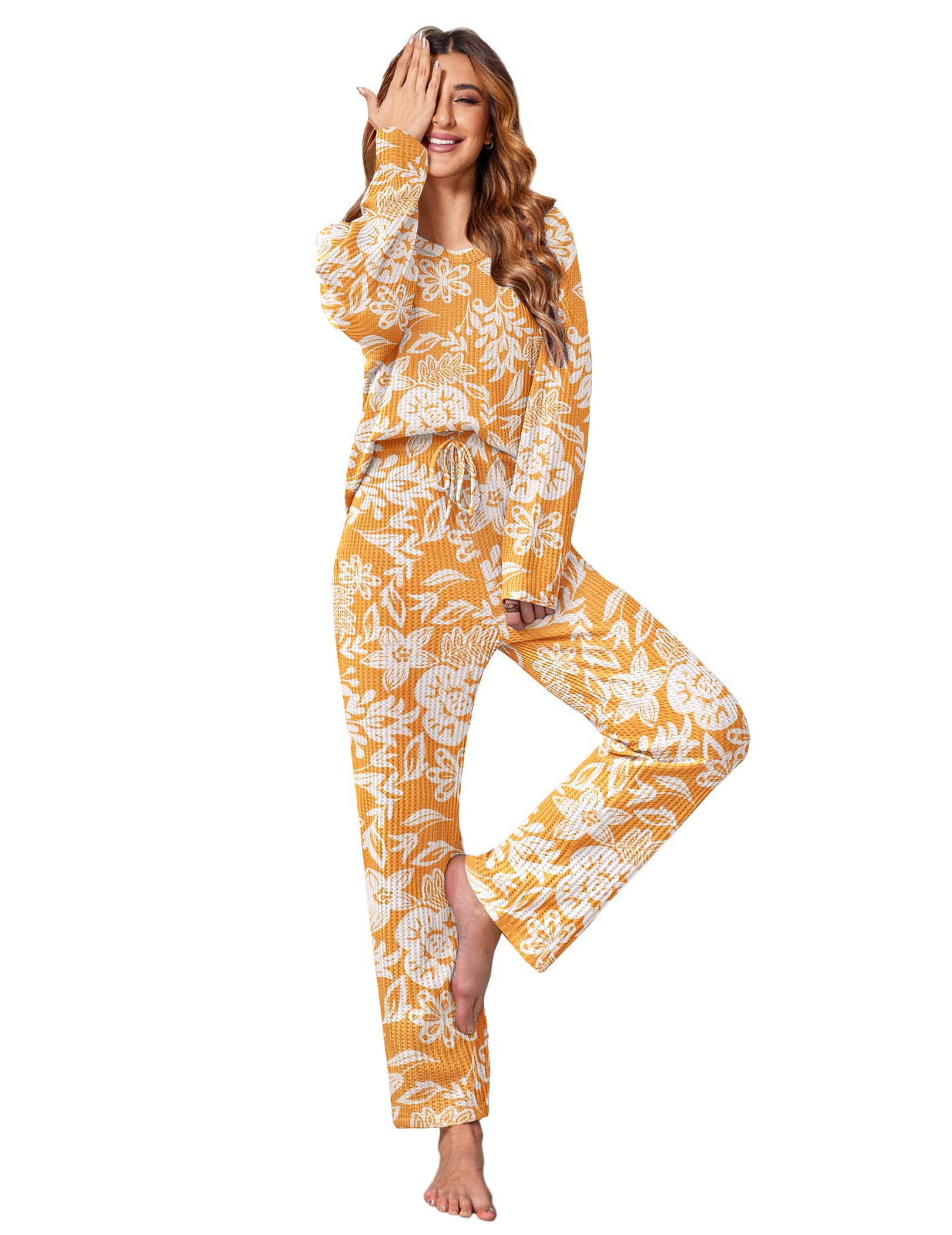 Ekouaer Womens Waffle Knit Pajama Sets Comfy Long Sleeve Lounge Sets 2 Piece Matching Pj Sets with Pockets