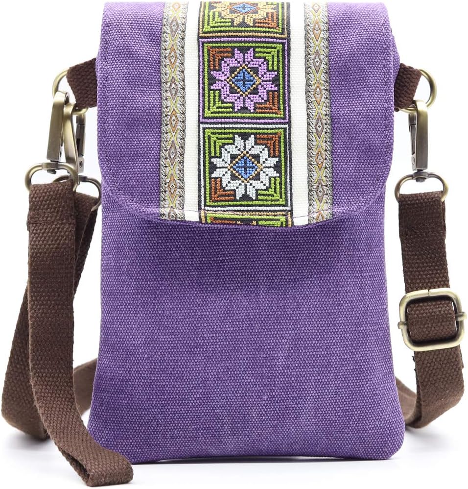 SILKAREA Vintage Embroidered Canvas Flip Small Crossbody Bag Cell Phone Pouch for Women Wristlet Wallet Bag Coin Purse
