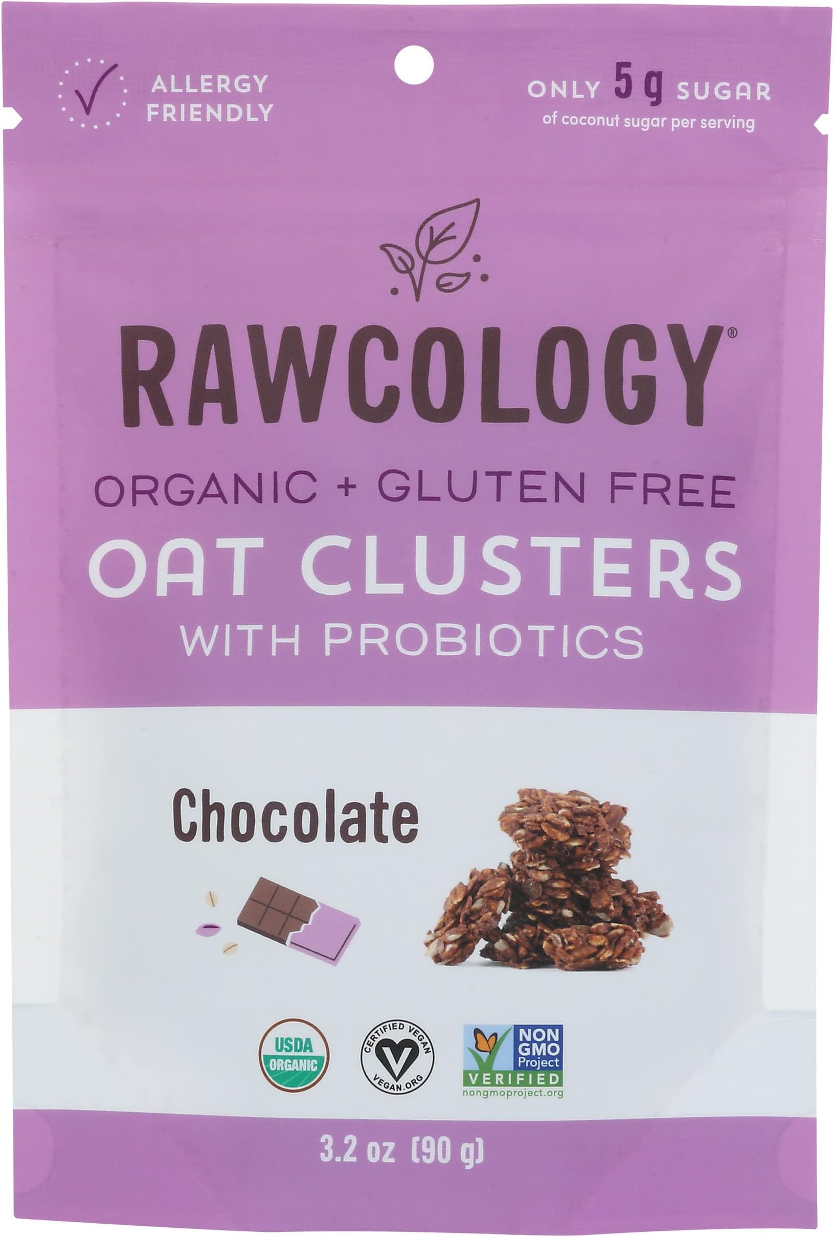 Rawcology Oat Clusters with Probiotics, Chocolate, USDA Certified Organic, Vegan, Nut Free, Dairy Free, Soy Free, Gluten Free & Non-GMO, 3.2 Ounce (Pack of 6)