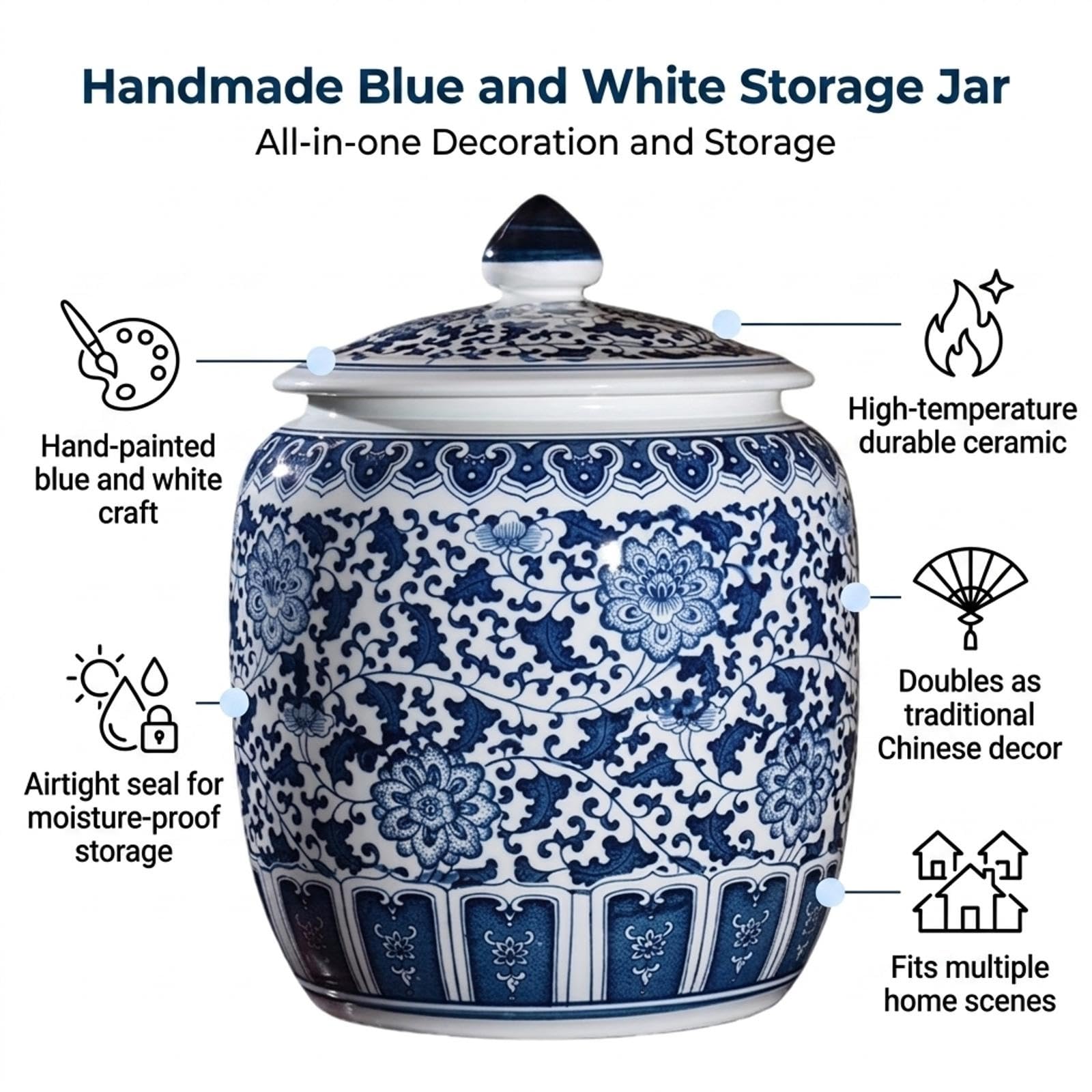 Blau-weißer Porzellan-Reistopf aus Keramik, chinesischer Retro-Vorratsbehälter mit Deckel, zylindrischer Getreidespender für Zuhause, Reis, Mehl und Zucker