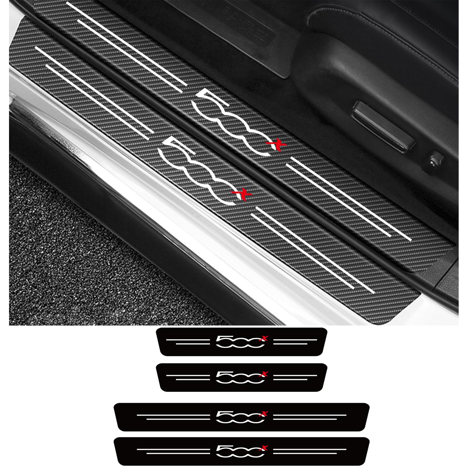Generico 4 Pezzi Auto Fibra di Carbonio battitacco Protector Sticker per Fiat 500X, Anti-Graffio Scuff Adesivi Styling Protezione Accessori
