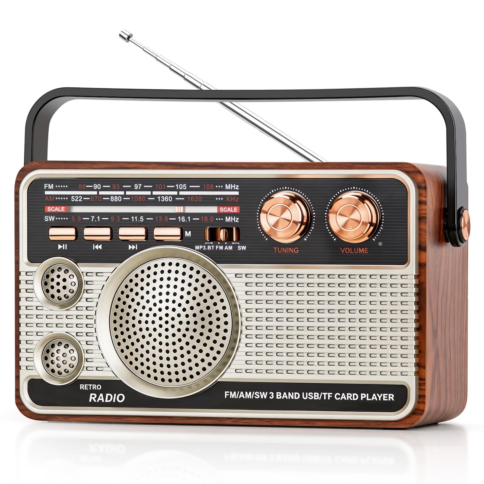 Radio Rétro Vintage, Multibande (FM/AM/OC) Avec Batterie Rechargeable, Bluetooth, Lecteur de Carte TF, Poignée de Transport, Autonomie 8-12h – Pour Maison, Bureau, Extérieur, Idéal Comme Décoration Et