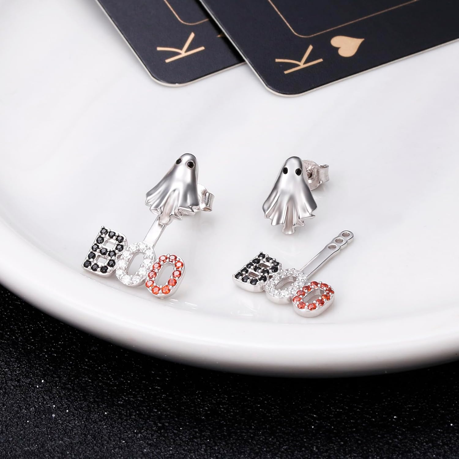 S925 Sterling Silver Ghost Boo Posts Ear Jacket Earrings for Women Front & Back Stud Earring Jackets Halloween Earrings - Image 3