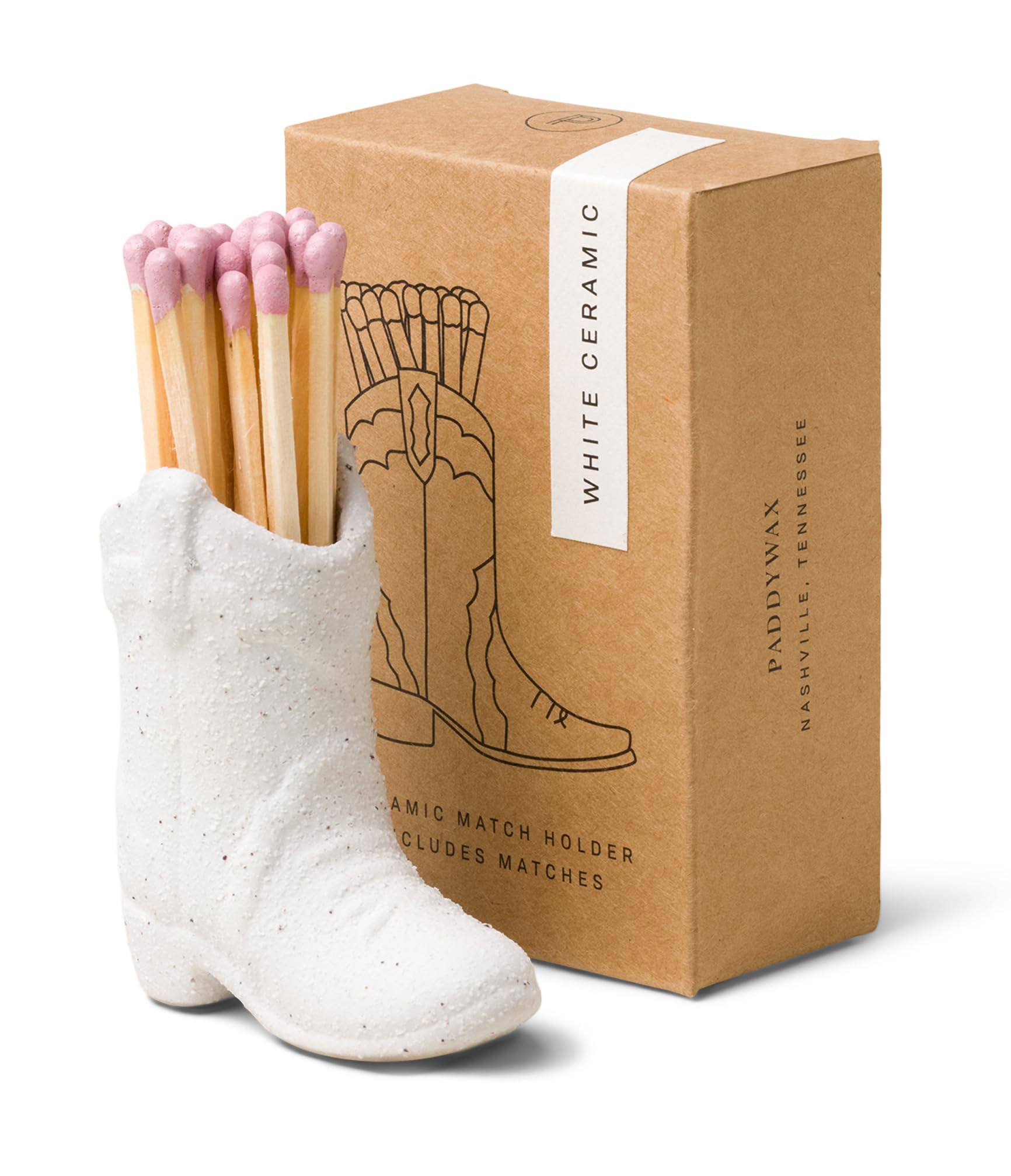 Paddywax White Match Holder With Striker Textured Ceramic Cowboy Boot With Safety Matches Included, 3" Tall,